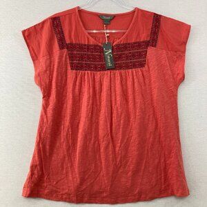 New Natural Reflections XL Red Coral Embroidered Y Neck Cotton Stretch Top